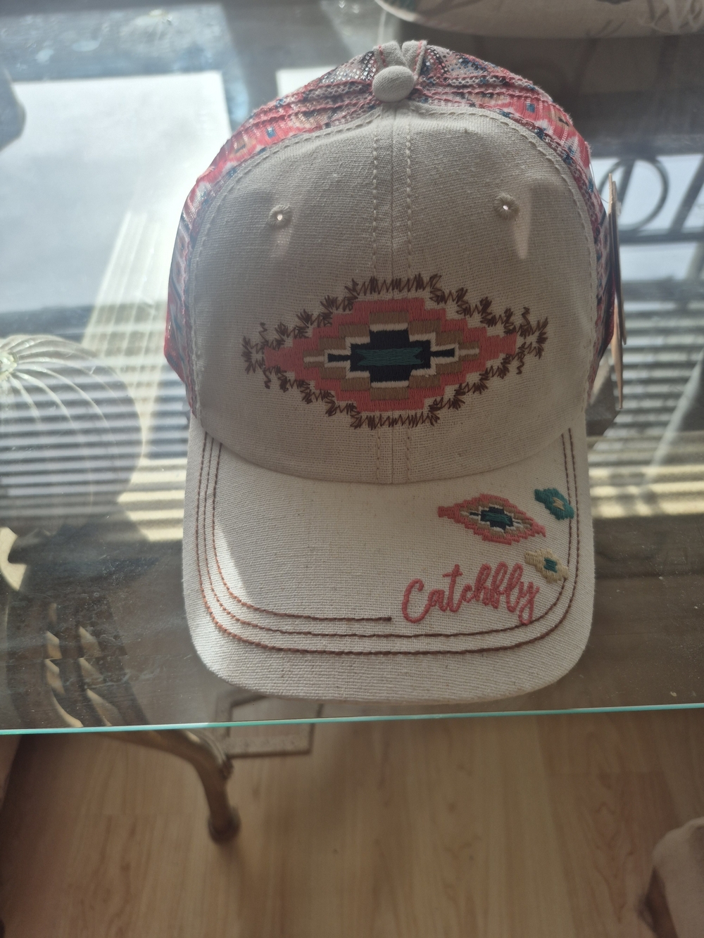 Beige Southwestern Embroidered Hat with Hidden Ponytail Seam